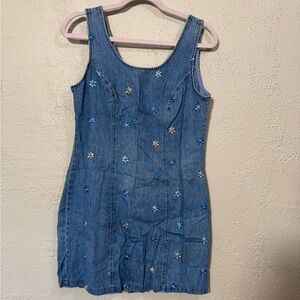 Blue Denim Dress with Floral Embroidery